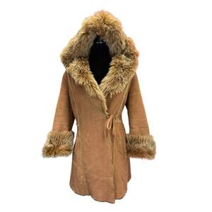 Platinum Penny Lane Faux Fur Suede Coat Hooded Boho 70s Style Small Brown